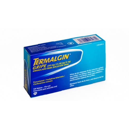TERMALGIN GRIPE 650 MG/15,58 MG/4 MG GRANULADO PARA SOLUCION ORAL, 10 sobres